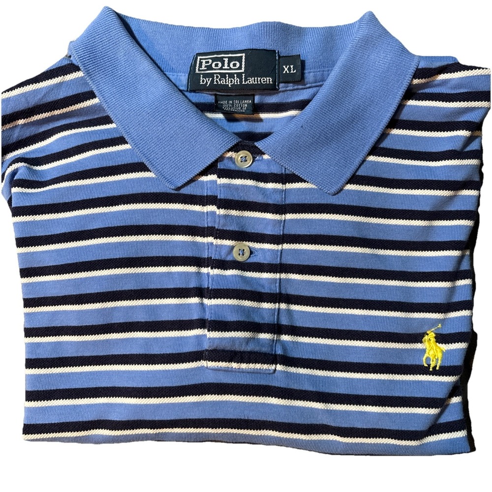 Polo Ralph‎ Lauren Mens XL Blue Striped Short Sleeve Cotton Pique Polo Shirt